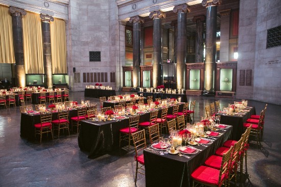 Interior of Low Library. The Rotunda displays full table settings for an upcoming event.