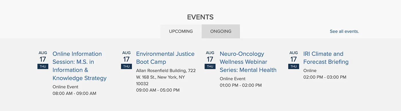 Columbia Design System tabs component showing events in two tabs: upcoming and ongoing