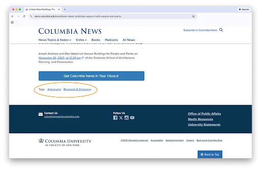 Circled tags below news story on the Columbia News website 