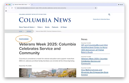 sample slug above a news article story on the Columbia News website 