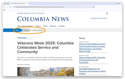 A breadcrumb above a news article on the Columbia News website 