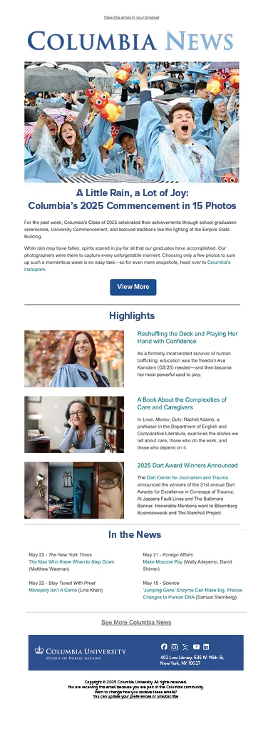 Columbia News Email blas 2025 graduates celebrating during commencement ceremony. Text and highlight feature stories are positioned below.