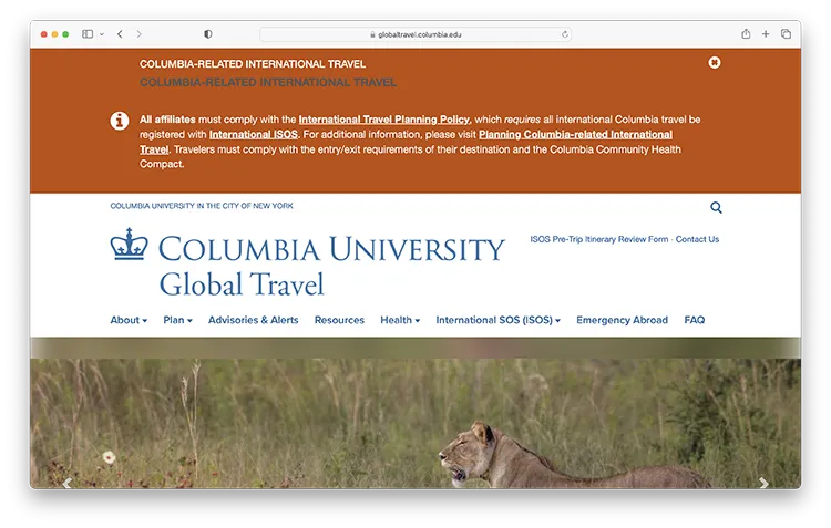 Columbia Global Travel website alert